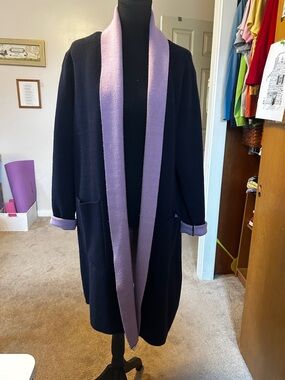Lesley Evers Duster/Long Cardigan with Lilac Trim